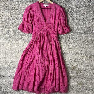 House of Harlow 1960 Dress Womens Small Pink V Neck Eyelet Puff Sleeve Midi